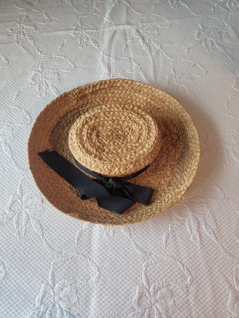 Helen Kaminski Natural Straw Boater Hat with Black Ribbon Vintage